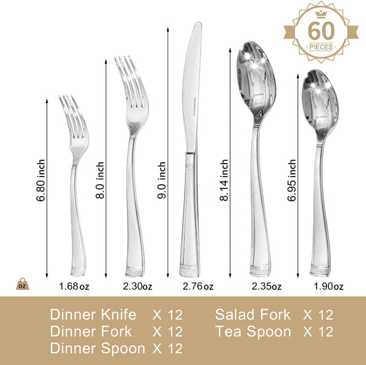 KINGSTONE Silverware Set, 60-Piece Flatware Set for 12, 18/10 Stainless Steel Cutlery Set with Bead Edge, Utensil for Kitchen, Home, Party, Wedding, Mirror Polished, Dishwasher Safe, Featured Gifts