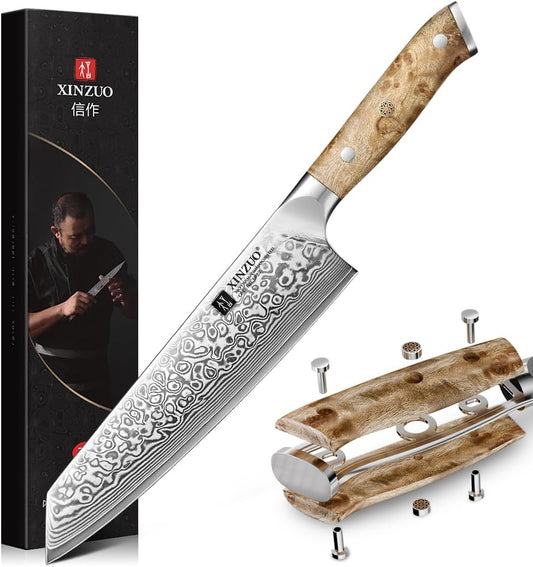 XINZUO Damascus 8.3 Inch Kiritsuke Chef Knife,Hand Forged High Carbon Steel Sharp Kitchen Cutting Knife,Comfortable Ergonomic Full Tang Figured Sycamore Wood Handle