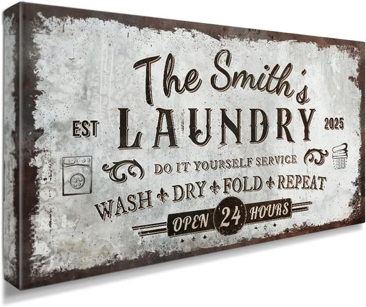 IPIC - Personalized Laundry Room Sign, Custom Large Canvas Wall Art with Family Name, Rustic Farmhouse Wall Decor and Accessories for Business and Home, Wash Dry Fold Repeat