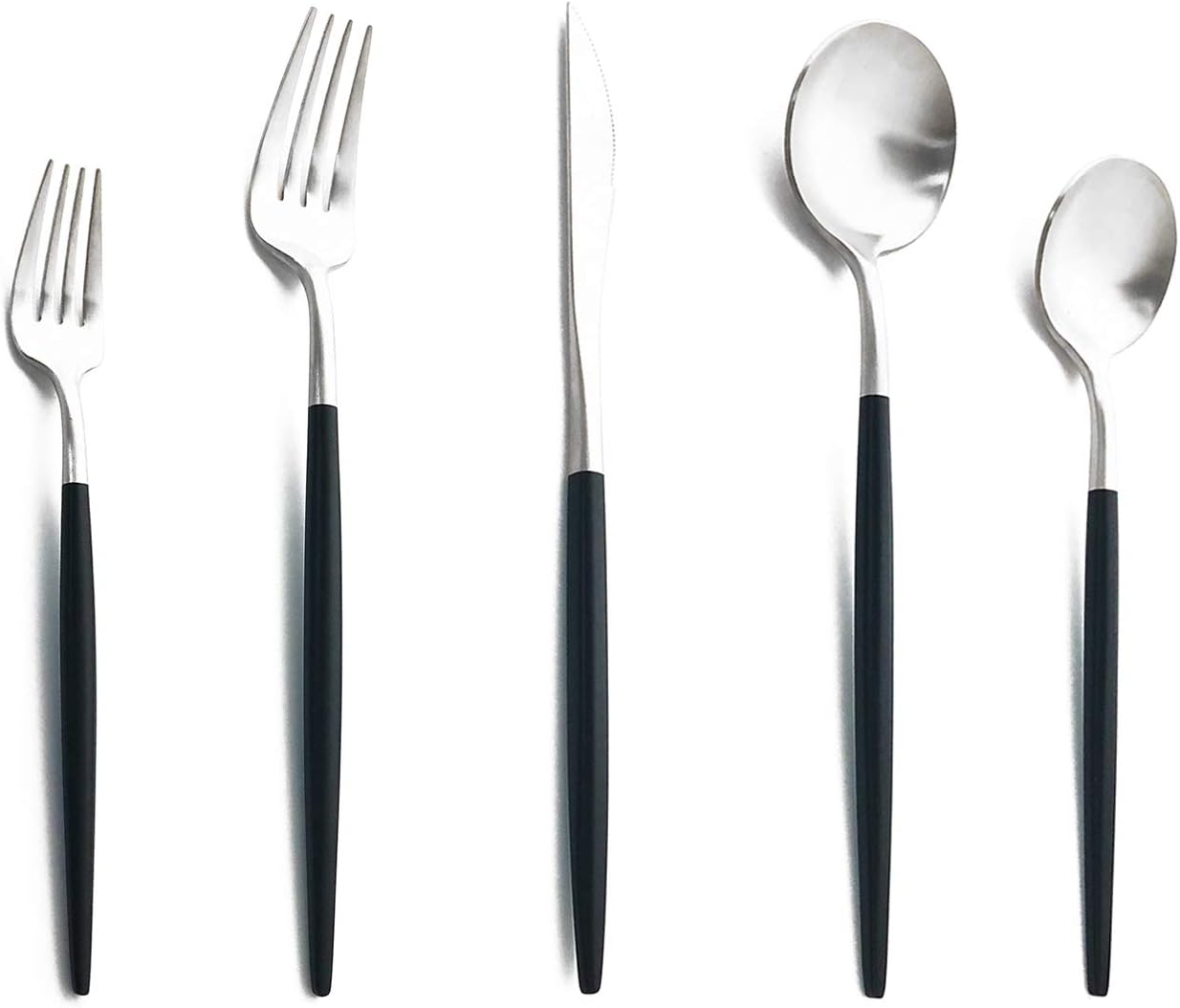 Matte Silverware Set, 10-Piece 18/10 Stainless Steel Satin Finish Flatware Set Service for 2, Kitchen Utensil Set, Tableware Cutlery Set for Home Restaurant (Black Handle Silver, 10-Piece)