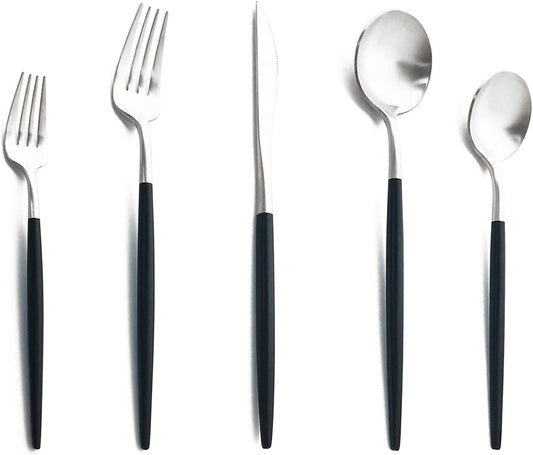 Matte Silverware Set, 10-Piece 18/10 Stainless Steel Satin Finish Flatware Set Service for 2, Kitchen Utensil Set, Tableware Cutlery Set for Home Restaurant (Black Handle Silver, 10-Piece)