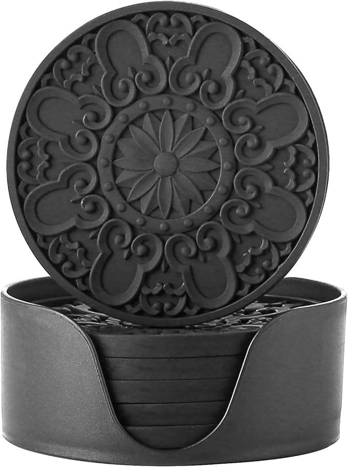 Colinda Silicone Coasters - Set of 6 with Holder, Non-Slip Cup Mats for Hot and Cold Drinks, Decorative Designs, Gift Ready Packaging,Black