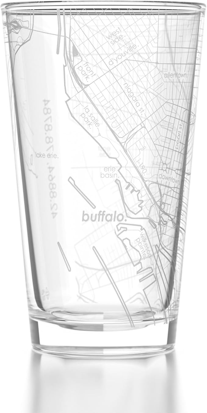 Well Told Engraved Buffalo New York Map Pint Glass, Etched Beer Gift (16 oz, Clear) City Map Pint, Custom City Glassware, Gifts For Beer Lovers