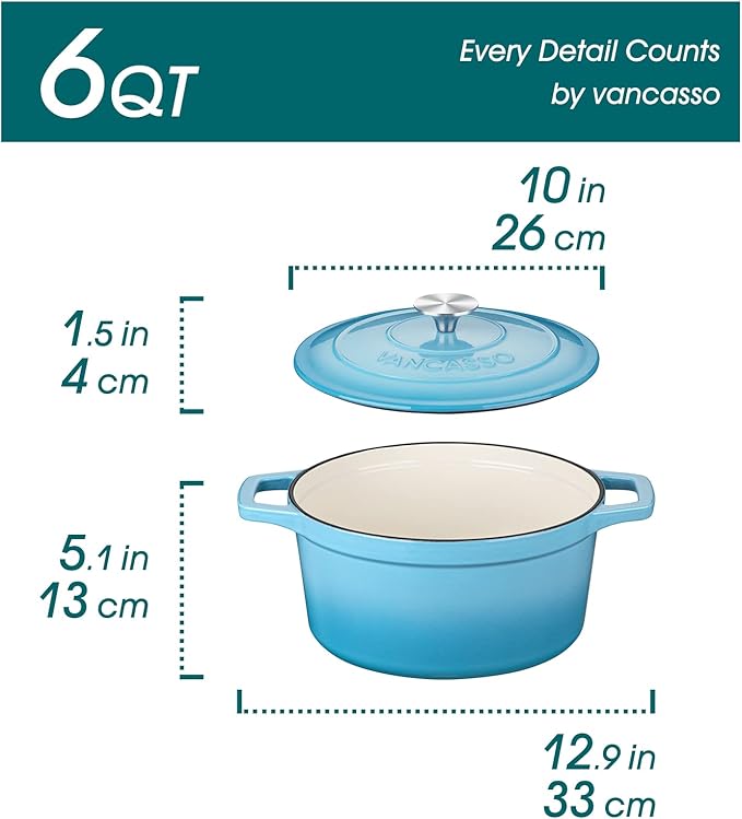 vancasso 6 QT Enameled Cast Iron Dutch Oven With Lid - Round Blue Pot With Non-Stick Enamel Coating for Bread Baking