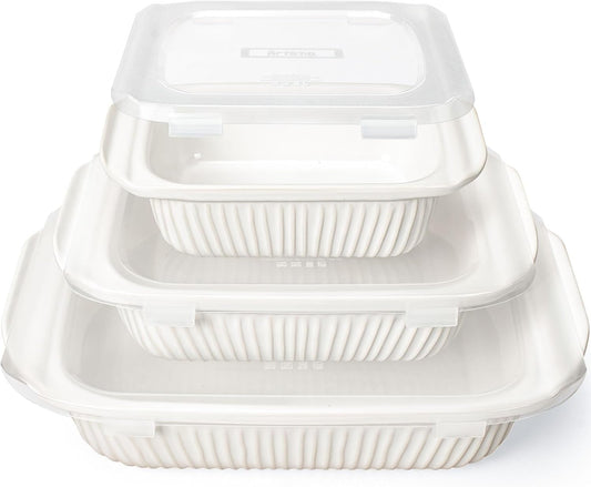 Artena Casserole Dishes For Oven, Ceramic Baking Dish, Large Lasagna Pan With Handles, Baking Pan Casserole Dish, Rectangular Bakeware Deep, White, Set Of 3 (5.1Qt/2.3Qt/1.1Qt) (Baking Dish With Lids)