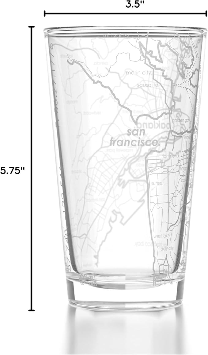 Well Told Engraved San Francisco California Map Pint Glass, Etched Beer Gift (16 oz, Clear) City Map Pint, Custom City Glassware, Gifts For Beer Lovers