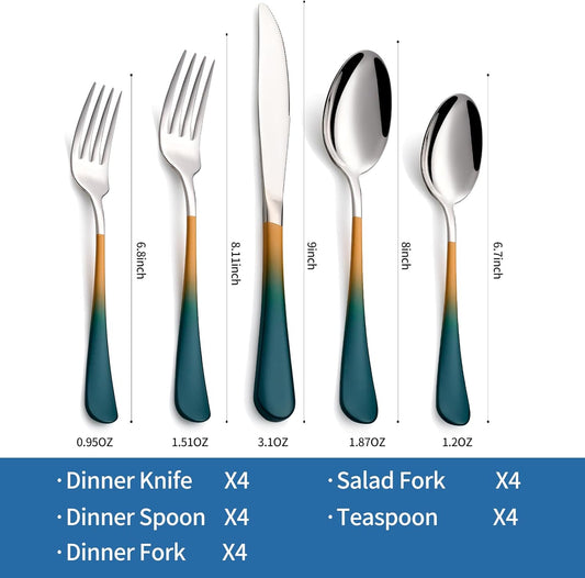20-Piece Green and Orange Silverware Set, 18/0 Stainless Steel Colorful Handle Flatware Set,Service for 4,Modern Cutlery Set Includes Dinner Knives Forks Spoons,Mirror Polished,Dishwasher Safe
