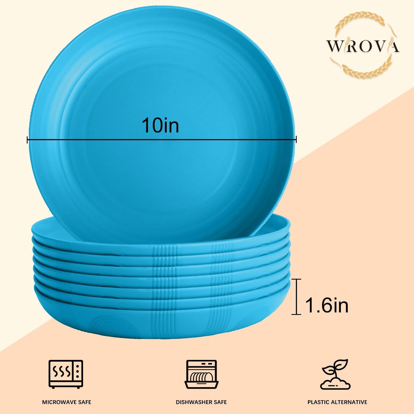 Wrova Wheat Straw Plates 10 Inch - Unbreakable Dinner Plate Set of 8 - Dishwasher & Microwave Safe Plastic Plates Reusable - Lightweight Deep Plate for Kitchen,Outdoor,Dorm (Blue)