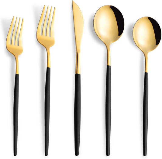 40 Piece Black Gold Silverware Set,Stainless Steel Flatware Cutlery Set Service for 8 Including Forks Spoons Knives,Kitchen Utensil Set,Tableware for Home and Restaurant, Dishwasher Safe