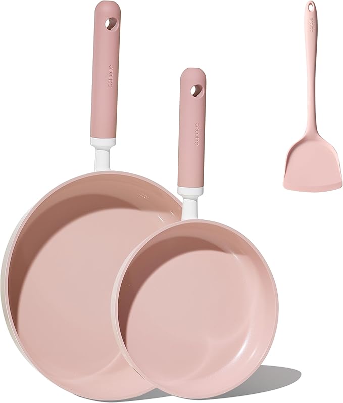 CAROTE 8'' and 10'' Nonstick Ceramic Frying Pans Skillet,NonStick Fry Pan Egg Pan Omelet Pans,Healthy & PFOA/PFAS Free, Induction-Compatible, Dishwasher Safe & Includes Silicone Spatula,Pink