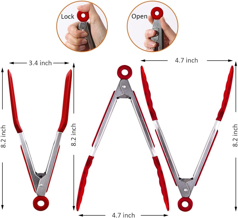 Mini Silicone Serving Tongs Set of 3, Small Kitchen Tongs (7 inch) with Silicone Tips and Stainless Steel Handle, Small Tongs for Steaks, Salads, Vegetables(Red)