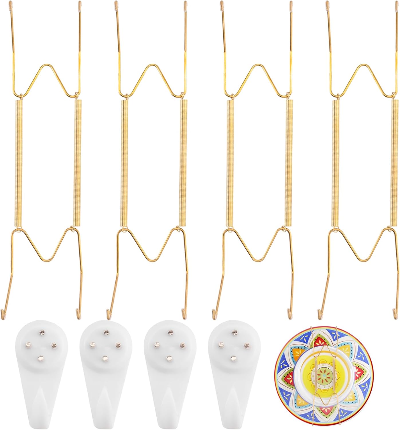 4 Pack Plate Hangers for The Wall Suitable for 10-14 inch Small Decorative Plate, Invisible Stainless Steel Plate Hangers for Display with Wall Hooks, for Plates/Platter/Dish/Picture(Gold)