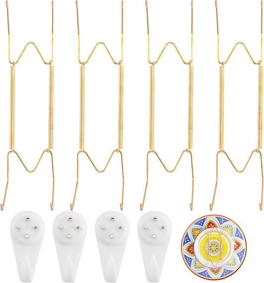 4 Pack Plate Hangers for The Wall Suitable for 10-14 inch Small Decorative Plate, Invisible Stainless Steel Plate Hangers for Display with Wall Hooks, for Plates/Platter/Dish/Picture(Gold)