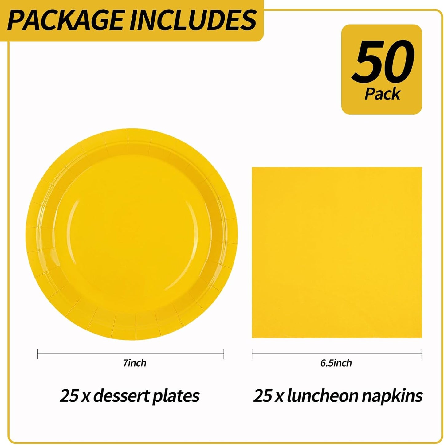 50PCS Yellow Paper Plates and Napkins Decorations, 7Inch Solid Yellow Dessert Plates Disposable Cake Plate Tableware Set Party Supplies for Birthday Anniversaries Baby Shower Wedding