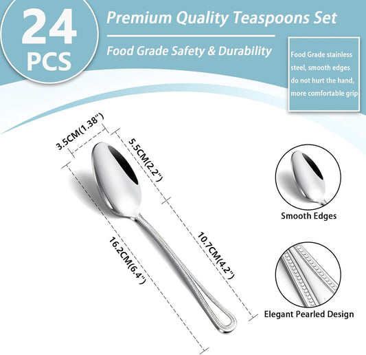 24 Pieces Teaspoons Set, 6.4 Inches Spoon Set, Stainless Steel Silverware, Small Spoons with Pearl Dot Design Handle, Dishwasher Safe, Tea Spoons Suitable for Home and Restaurant