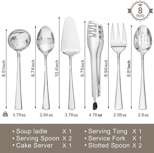 KINGSTONE 8 Piece Serving Utensils Set, 18/10 Stainless Steel Serving Utensils, Slotted Spoon, Serving Spoon, Fork, Tong, Soup Ladle, Cake Server for Buffet, Parties, Kitchen
