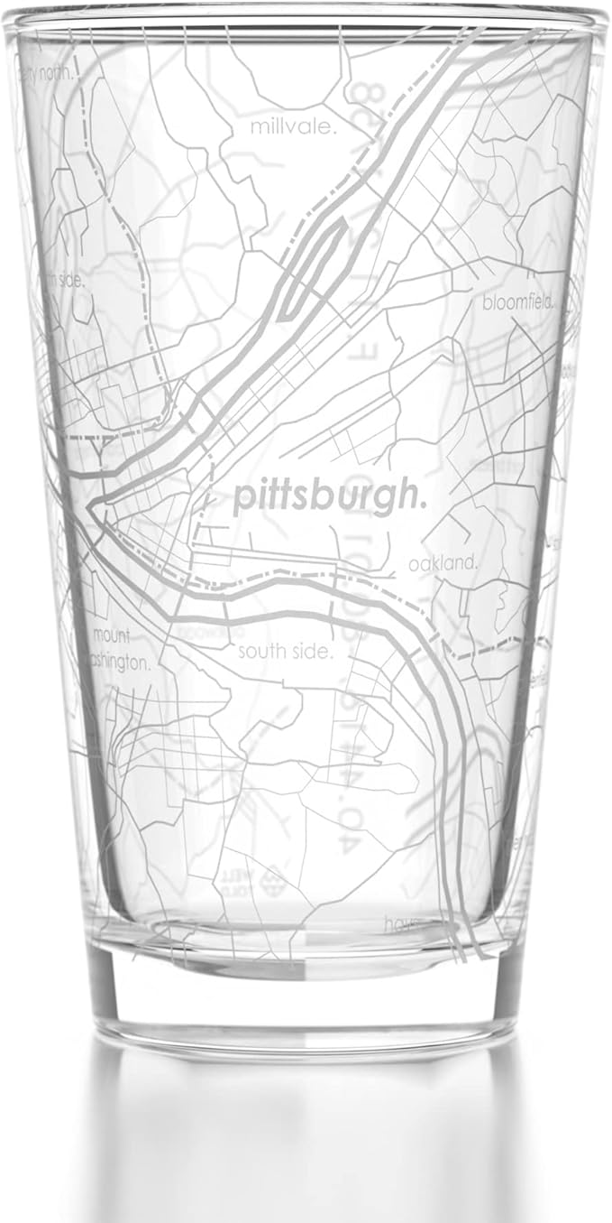 Well Told Engraved Pittsburgh Pennsylvania Map Pint Glass, Etched Beer Gift (16 oz, Clear) City Map Pint, Custom City Glassware, Gifts For Beer Lovers
