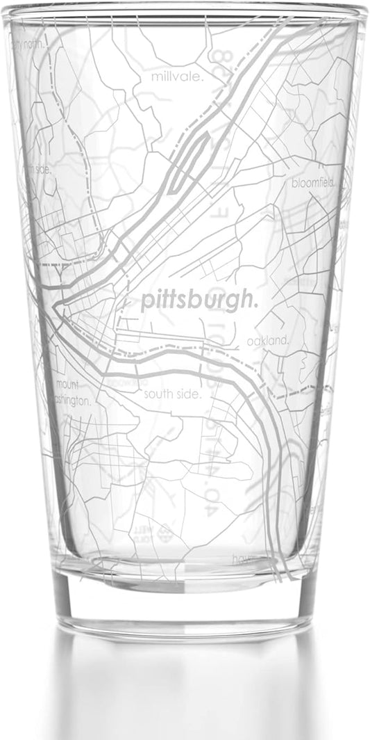 Well Told Engraved Pittsburgh Pennsylvania Map Pint Glass, Etched Beer Gift (16 oz, Clear) City Map Pint, Custom City Glassware, Gifts For Beer Lovers