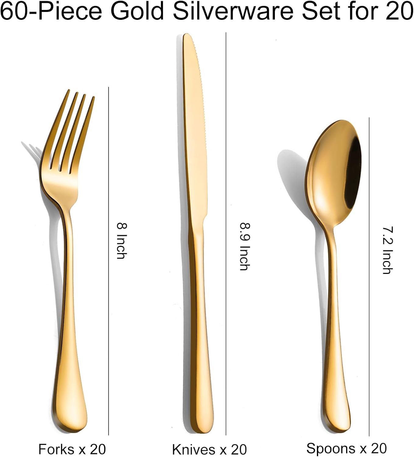 60-Pcs Gold Silverware Set - Stainless Steel Flatware Cutlery Set Service for 20, Mirror Polished Gold Flatware Set Include Forks Spoons Knives for Home, Wedding, Restaurant, Dishwasher Safe