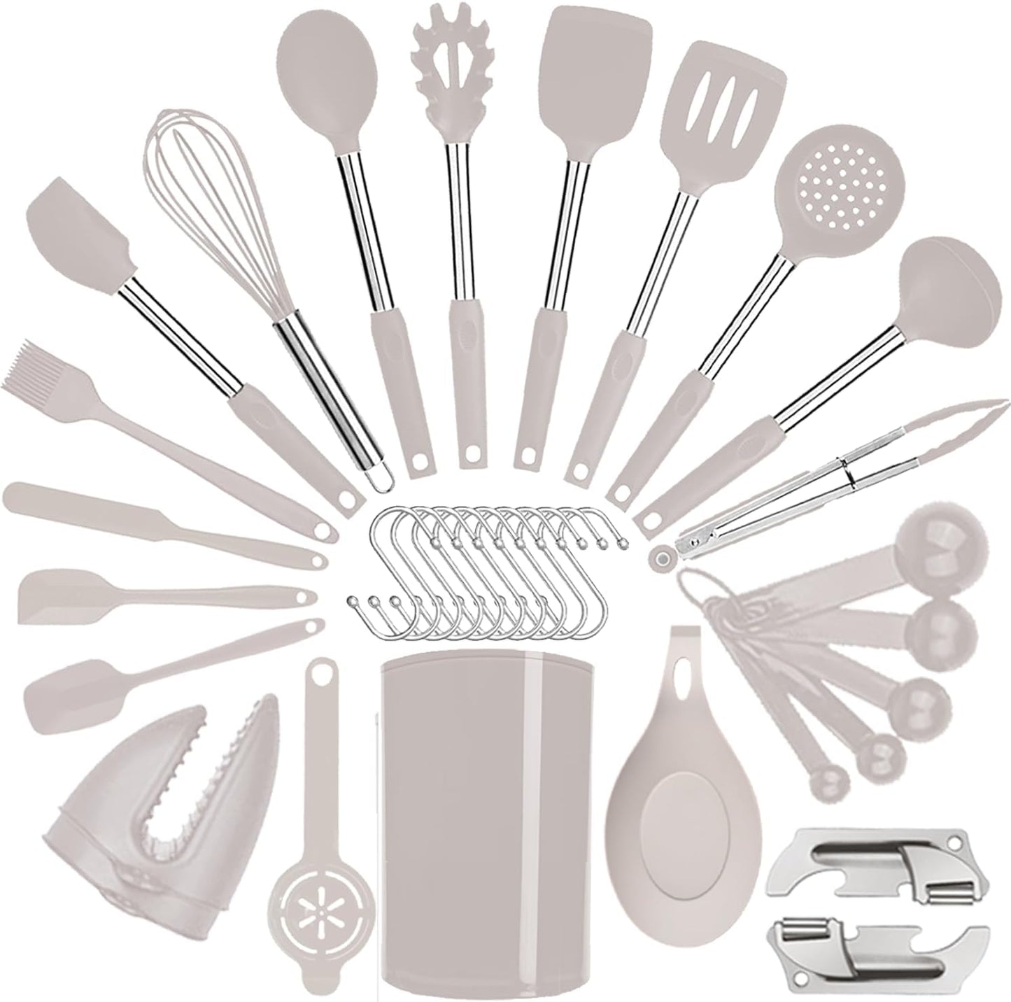 Silicone Kitchen Cooking Utensils Set with Stainless Steel Handle, Spatula Set Utensil Set, Cooking Utensil Set,Kitchen Tools Gadgets for Nonstick Cookware (35, Khaki)