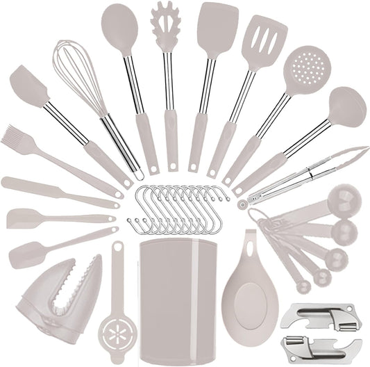 Silicone Kitchen Cooking Utensils Set with Stainless Steel Handle, Spatula Set Utensil Set, Cooking Utensil Set,Kitchen Tools Gadgets for Nonstick Cookware (35, Khaki)