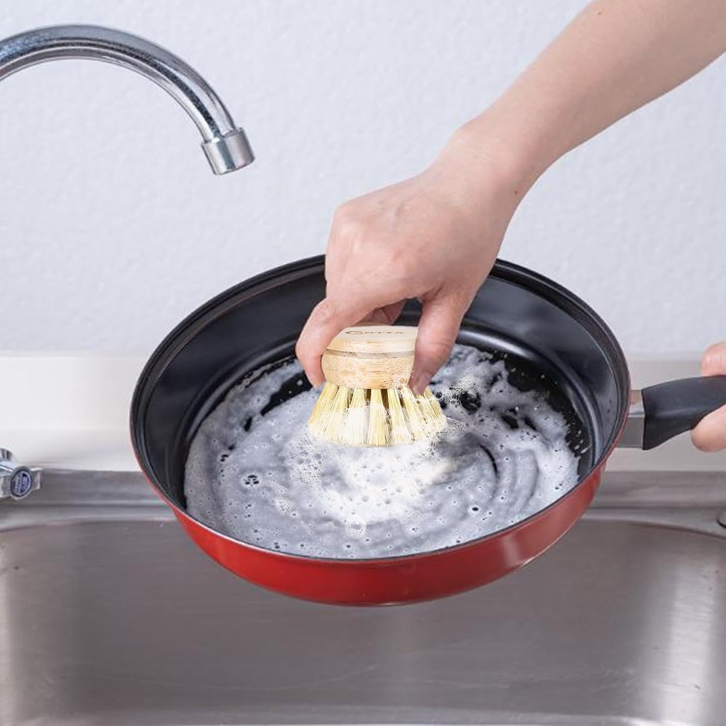 Bamboo Dish Brush with Handle - 4 Replacement Heads, Non Toxic Dish Scrubber Compostable & Sustainable, Scrub Brush for Cleaning Kitchen Utensils(Soft Bristles)