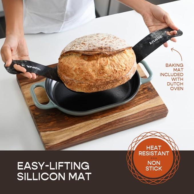 Enameled Cast Iron Dutch Oven for Professional Sourdough Bread Baking | 5.5 Quart Loaf Size Oval Cookware Pot with Lid | Triple-Layer Enamel Coating Pan with Non Stick Silicone Mat | Sea Salt