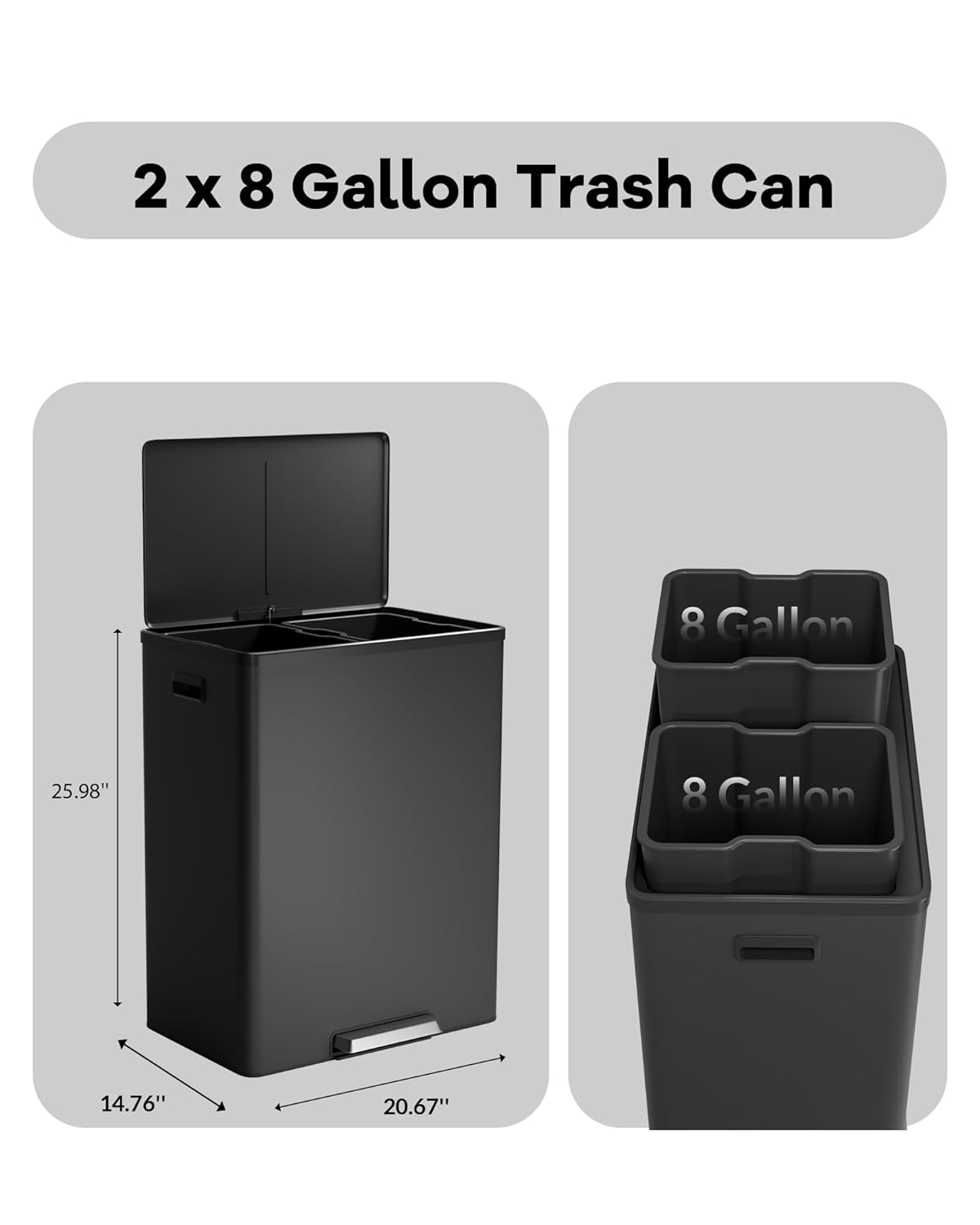 Garvee Dual Trash Can for Recycling and Trash, Stainless Steel Kitchen Trash Can with Lid and Foot Pedal, Double Compartment Garbage Can, with Recycling Bin