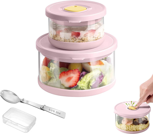 Glass Food Storage Containers with Airtight Lids, 33.8oz & 11.8oz High-Borosilicate Glass Meal Prep Containers with Spork, Bento Lunch Boxes for Salad, Ramen, Soup, Snacks, Fruit - 2 Pack, Pink