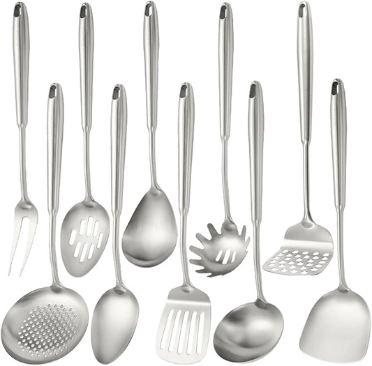 10 PCS Stainless Steel Kitchen Utensil Set Cooking Utensils, Potato Masher Solid Spoon Slotted Spoon Fork Spatula Ladle Skimmer Spoon Slotted Spatula Tunner Spaghetti Spoon Large Spoon