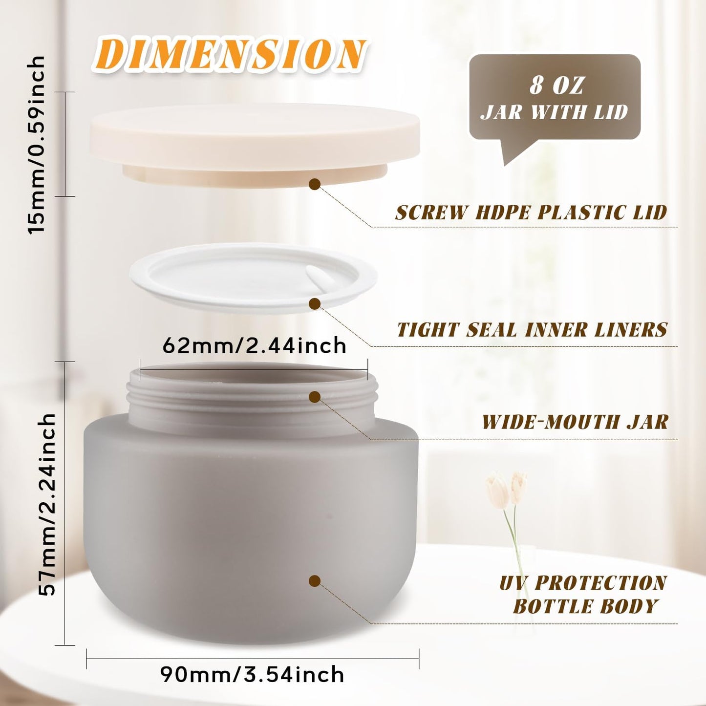 4 Pack 8 OZ Plastic Jars Round Cosmetic Container with Lids,Wide Mouth Soft Slime Jars for Lotion,Hand Cream,Ointments,Makeup,Body Butter,Rhinestone,Samples Pot Travel Make Up Storage (Grey)