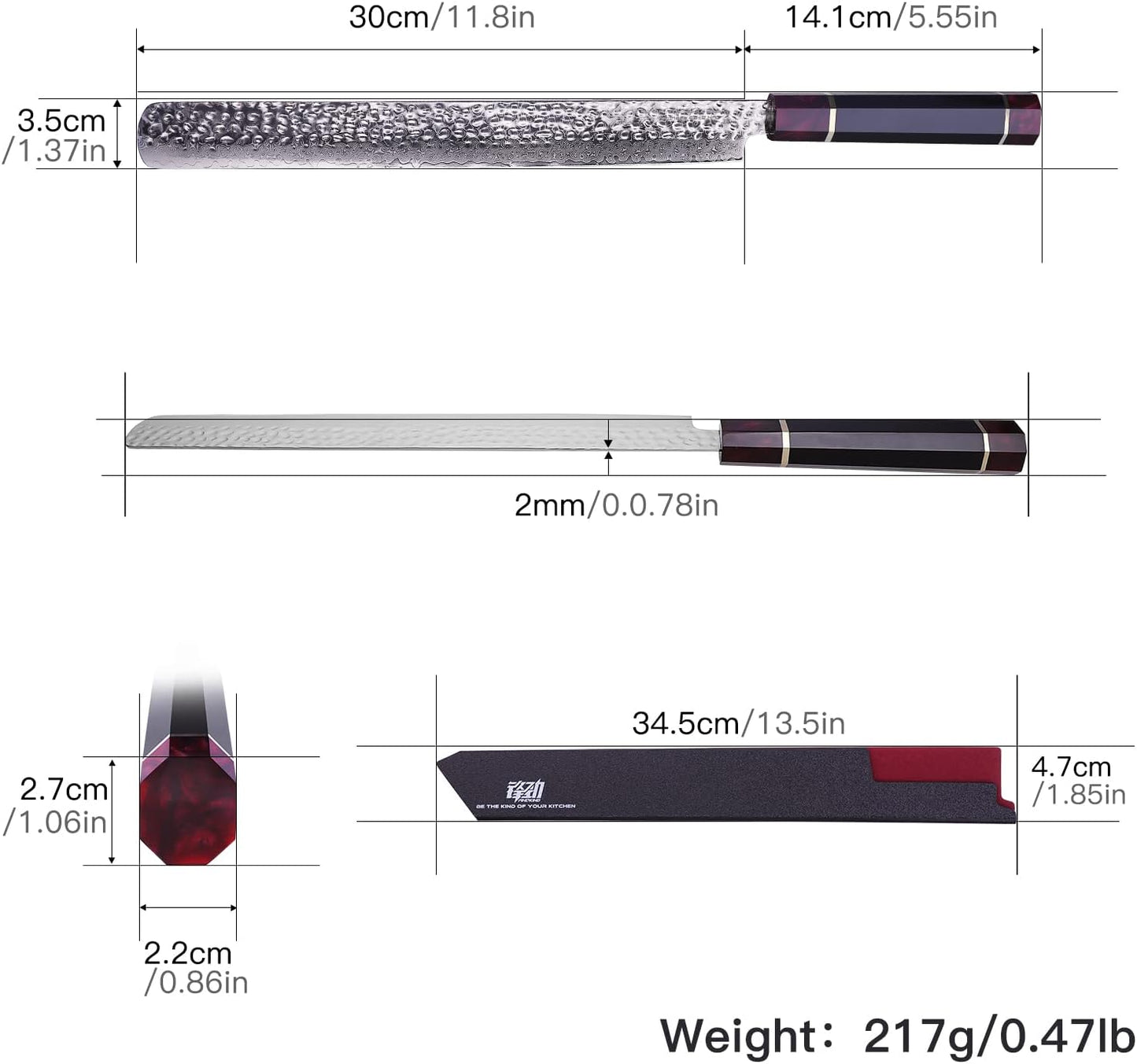 FINDKING Eternity Series Brisket Slicing Knife with ABS Sheath, Sharp Carving Knife for Meat, BBQ Must-Have, 9Cr18MoV Damascus Steel Blade, Resin Octagonal Handle, 12 Inches