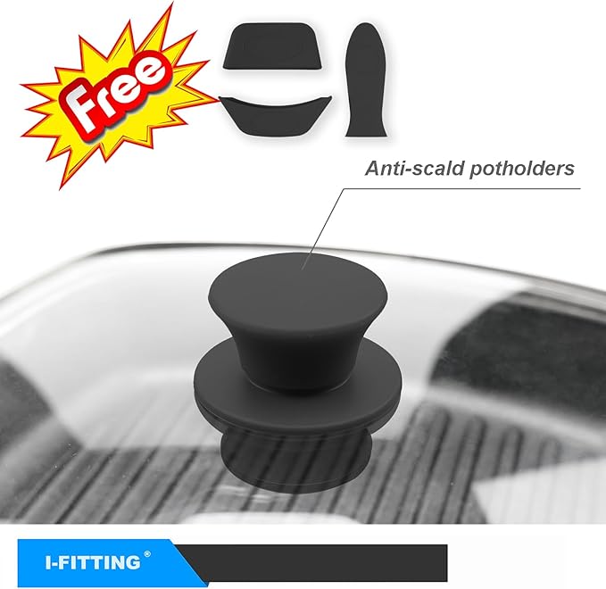 Square Glass Lid for Grill Pans with Steam Vent Hole - Fits Lodge Cast Iron Skillets 10.5inch/26.67cm Silicone Potholder- Square Tempered Glass Lid - Universal Replacement Cover Silicone Knob