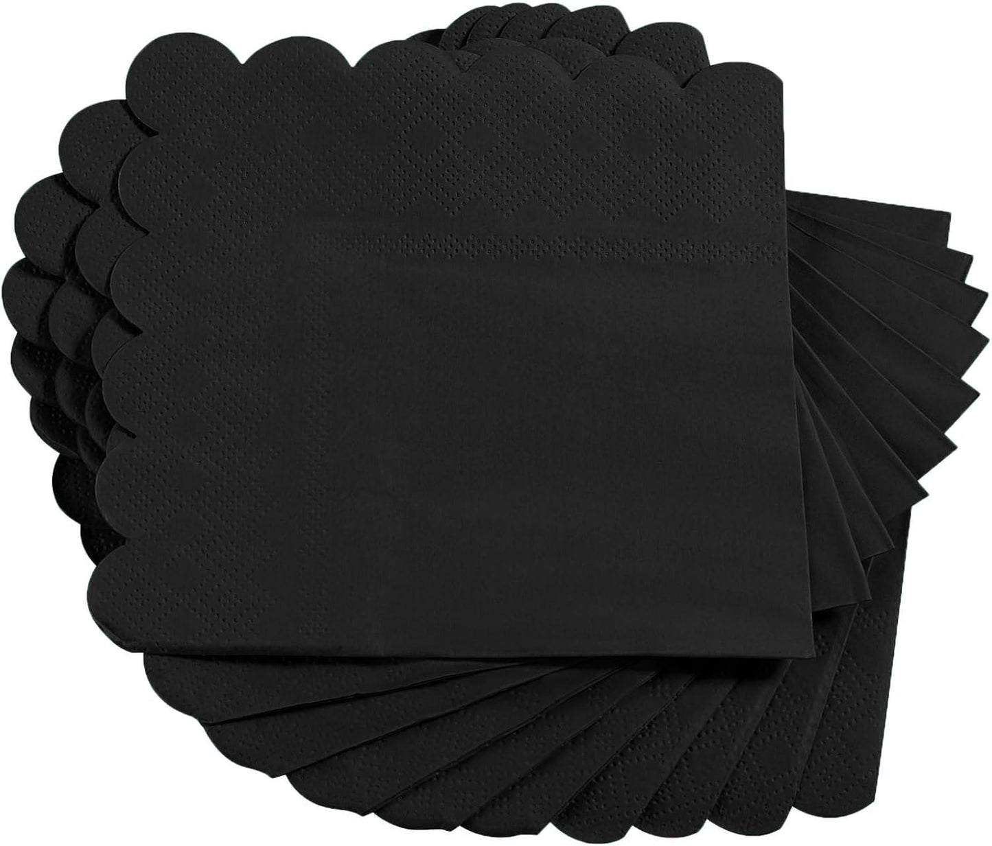 100 Pack Cocktail Napkin 2-Ply Scalloped Edged Dessert Napkins Folded 5 x 5 Inches Disposable Napkins for Dinner Wedding Birthday Party Bridal Anniversary Reception Event (Black)