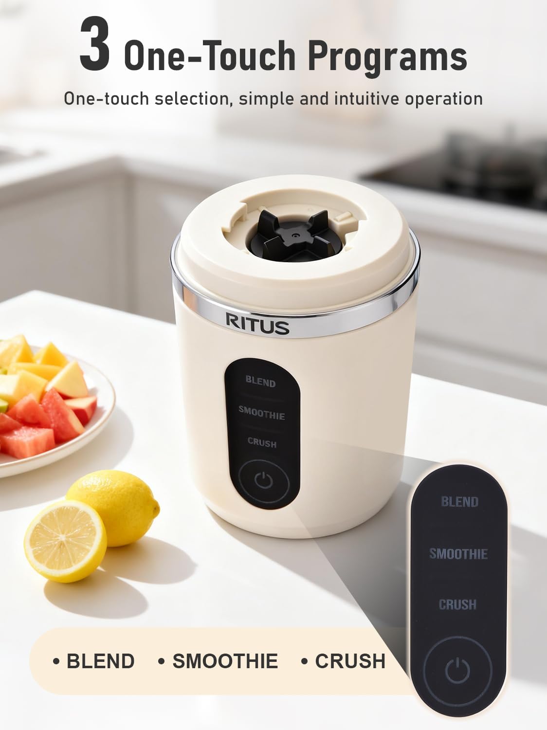 RITUS VORTEX Pro Portable Blender,Personal Blender w/Removable Vessel-for-Smoothies Blend Ice Crush 3 Programs,Cordless 20oz BPA Free Vessel Magnetic-Ring Dishwasher Safe, Leakproof，White