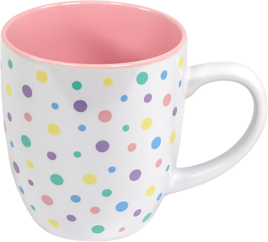 Coffee mug Sakura flower (Cherry Blossom Pink) with Pastel Confetti Sprinkles | Birthday Cake Coffee Cup Gift | Large White Ceramic Cup | Fun Polka Dot Pattern