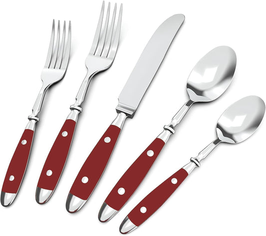 5-Piece Silverware Set Stainless Steel Flatware Set Service for 1 Vintage Cutlery Set with Red Color Bakelite Handle Dishwasher Safe
