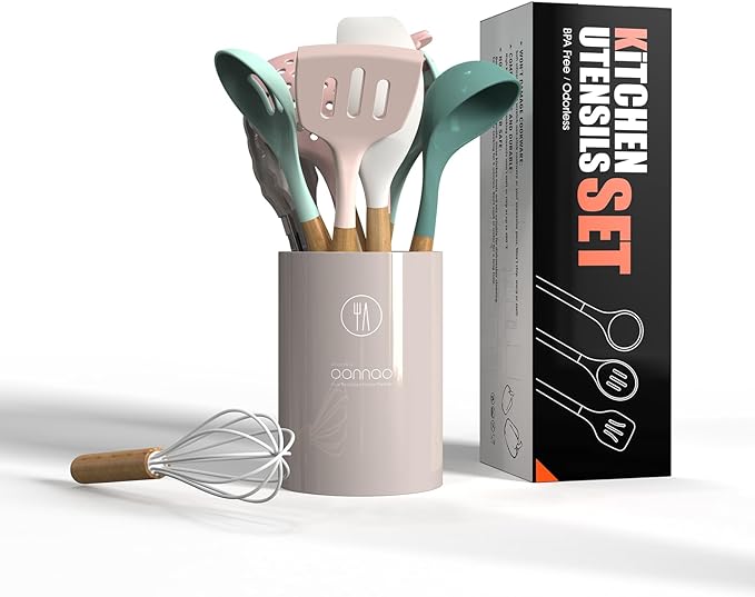 Silicone Cooking Utensils Set - 446°F Heat Resistant Silicone Kitchen Utensils for Cooking,Kitchen Utensil Spatula Set w Wooden Handles and Holder, BPA FREE Gadgets for Non-Stick Cookware (Colorful)