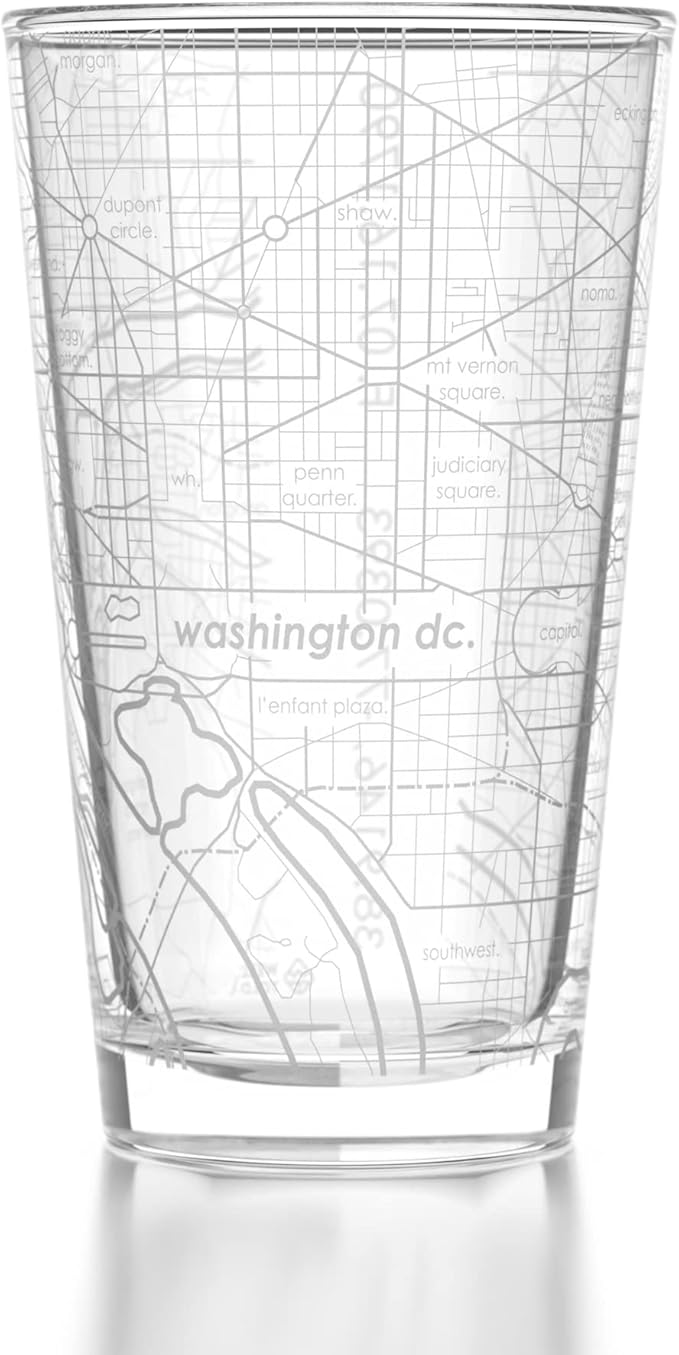Well Told Engraved Washington DC Map Pint Glass, Etched Beer Gift (16 oz, Clear) City Map Pint, Custom City Glassware, Gifts For Beer Lovers