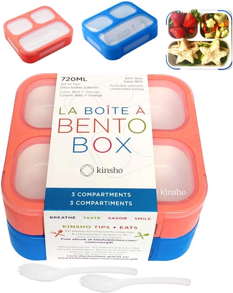 kinsho Bento Boxes for Kids, Lunch Box Set for Boys Girls Kids Adults, Leakproof 3 Compartment Containers for Meal or Snack for Pre-School Travel Work, BPA Free. Blue Orange 2 Pack Medium - Small
