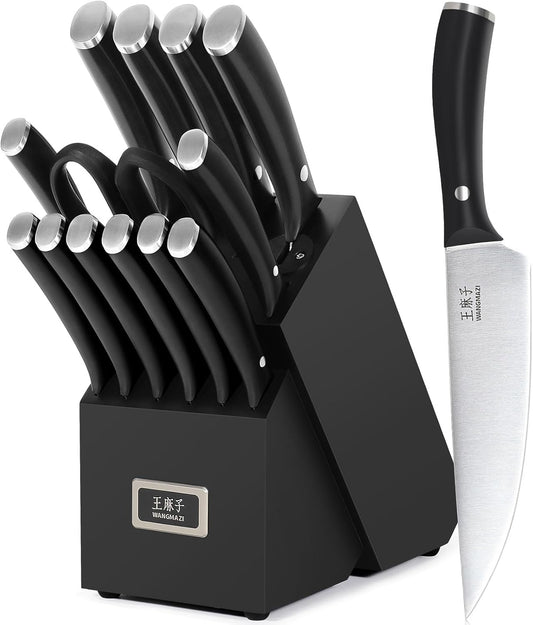 Premium Chef Knife Set,High Carbon Stainless Steel Ergonomic Rivet Handle,Sharp Knife Set for Kitchen,Hundreds of Years of Masterful Craftsmanship(Black,15PCS)
