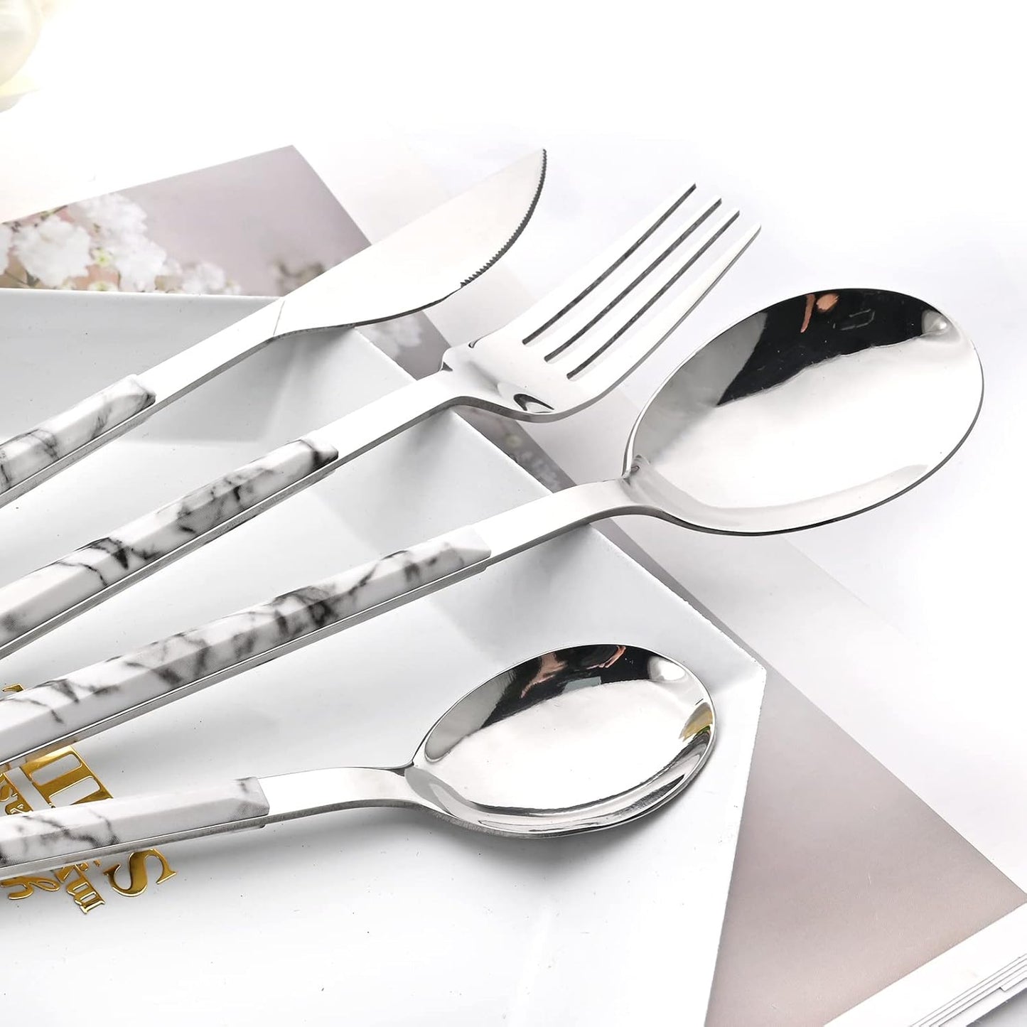 20 Piece (4 Set) Silver Stainless Steel Tableware With White Marble Handle, Wedding Cutlery And Daily Use, Silverware For Home Restaurant Party, Mirror Finished