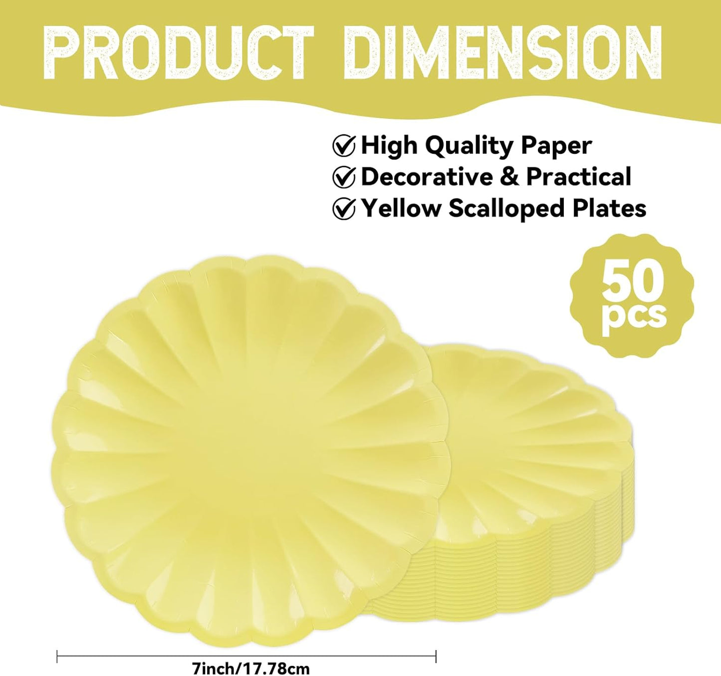 50Pcs Large Scalloped Yellow Paper Plates 7Inch Shell Edge Dessert Plates for Cake Salad Fruit Disposable Dessert Serving Plates for Birthday Wedding Baby Shower Party Decorations