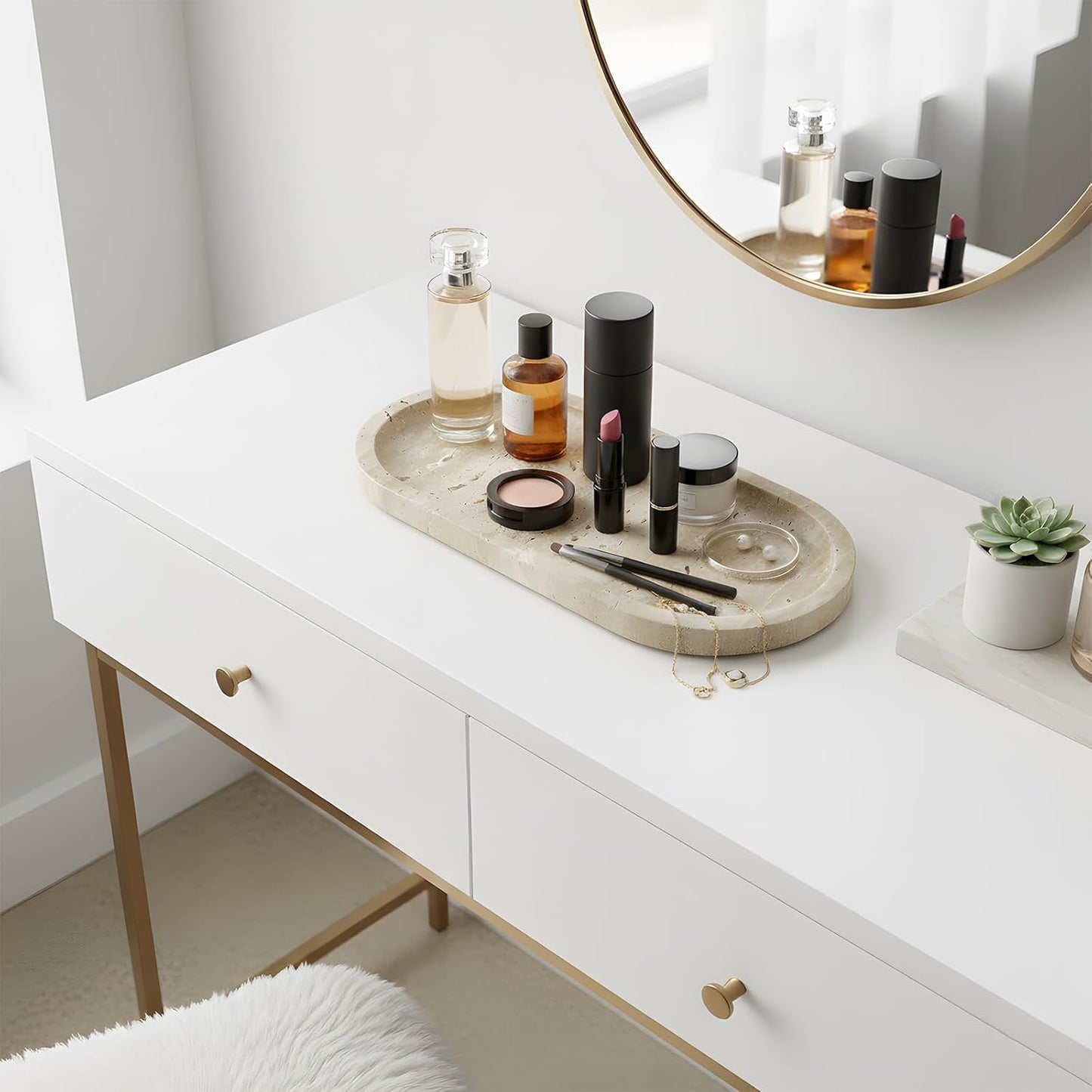 Natural Marble Tray, Stone Vanity Tray for Bathroom & Kitchen Countertop - Organizer for Perfume, Jewelry, Cosmetics 12x6 Inch,Beige Travertine