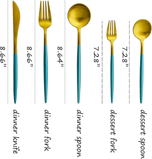 Silverware Set, Hand polished Matte Gold Blue Flatware Cutlery Set Service for 4, Satin Finish 20 Pieces 18/10 Stainless Steel Utensils Set for Home and Restaurant, Dishwasher Safe