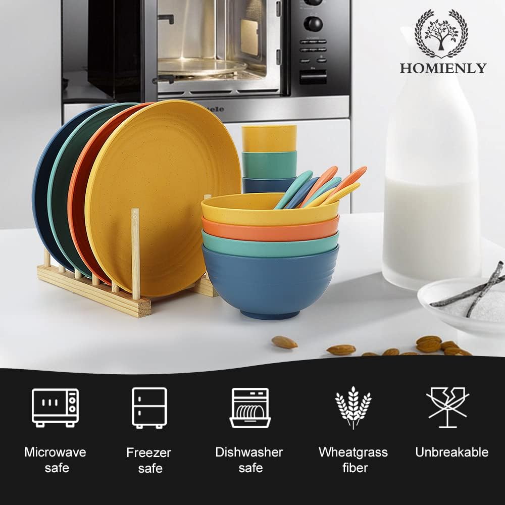 Homienly Wheat Straw Plates and Bowls Sets, 20 PCS Dishes Dinnerware Sets,Unbreakable Microwave and Dishwasher Safe Dish Set, Reusable Kids Plates and Bowls Sets for Kitchen, Outdoor, RV (Multicolor)