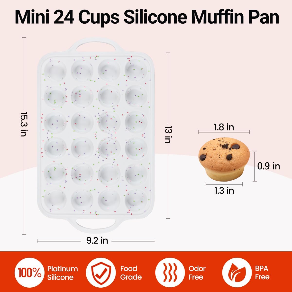 Silicone Mini Muffin Pan, Metal Reinforced Frame 24 Cups Cupcake Pan with Handle Nonstick for Baking Muffins, Cupcakes, Egg Bites