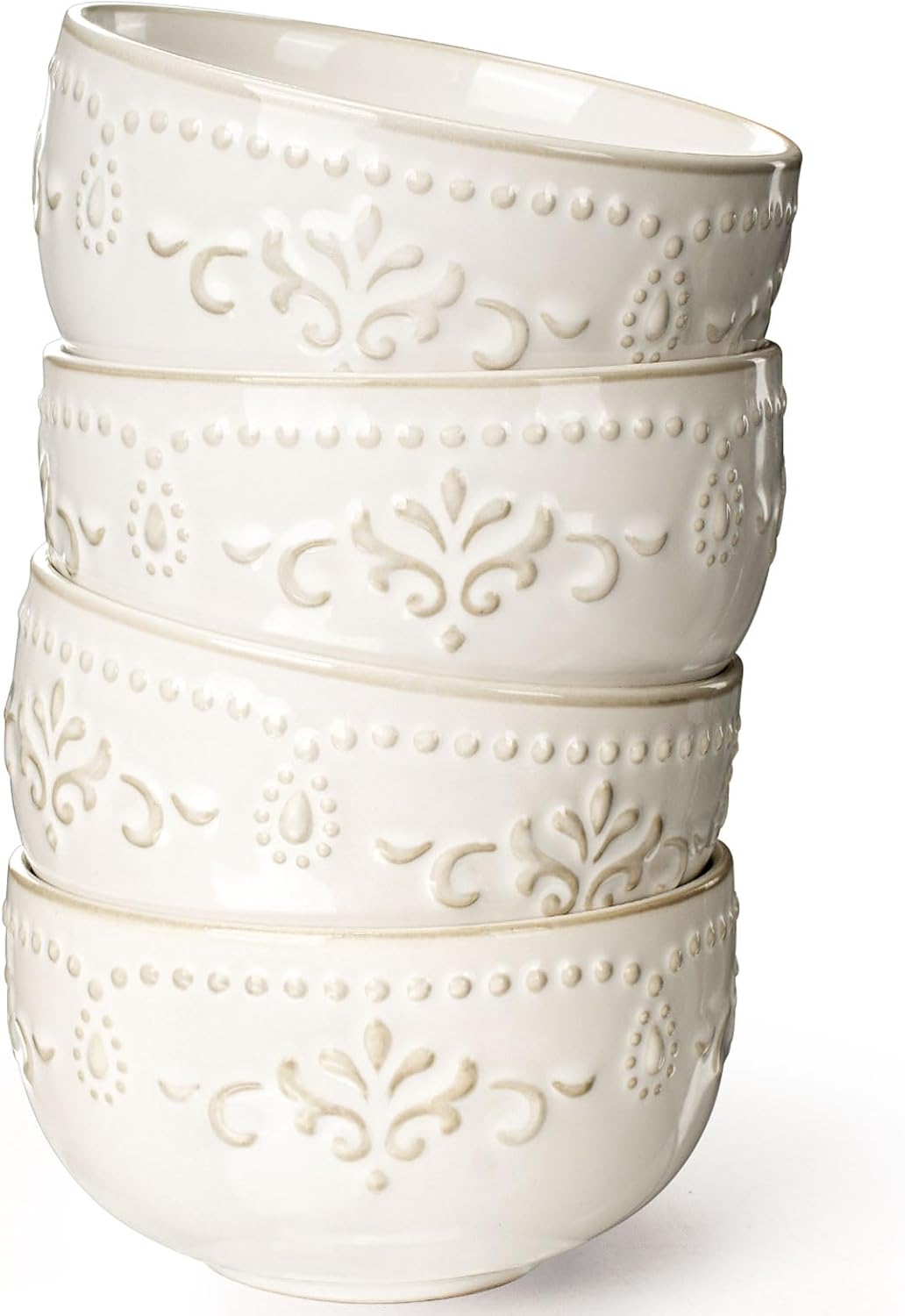 Artena Small Bowls Set of 4, 12 oz Ceramic Embossment Dessert Bowls, white Bowl for Kitchen, Ice Cream, Side Dishes, Rice, Cereal, Fruit, 4.5 Inch, Microwave & Dishwasher Safe, Damask Floral