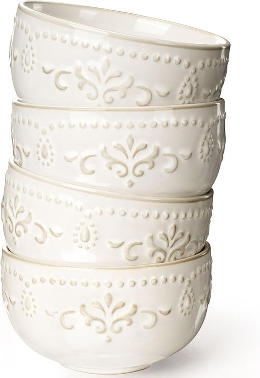Artena Small Bowls Set of 4, 12 oz Ceramic Embossment Dessert Bowls, white Bowl for Kitchen, Ice Cream, Side Dishes, Rice, Cereal, Fruit, 4.5 Inch, Microwave & Dishwasher Safe, Damask Floral