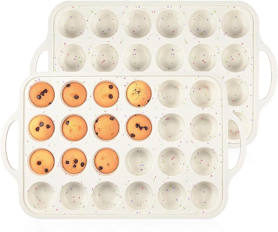 CAKETIME Mini Muffin Pan, Metal Reinforced Frame Mini Cupcake Pans 24 Cups Nonstick Muffin Silicone Molds with Handle for Baking Muffins, Cupcakes, Egg Bites 2 Pack